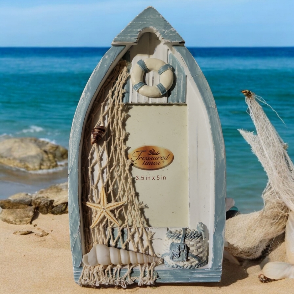 Vtg Treasured Times Fishing Boat Picture Frame Shell Starfish Net 3.5 x 5 Basket